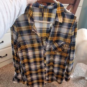 mustard and navy blue plaid button up